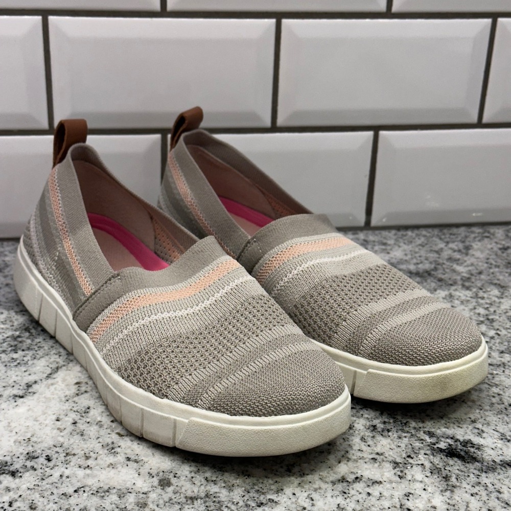 Ryka Womens 7.5M Slip On Sneakers Taupe Grey Knit Striped Walking Shoes Comfort